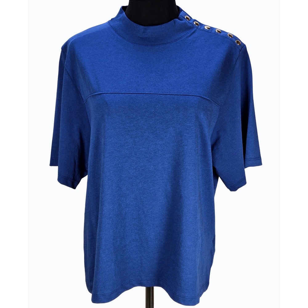 Women's Nation LTD Large Blue Organic Cotton Mock Neck Button Shoulder Top